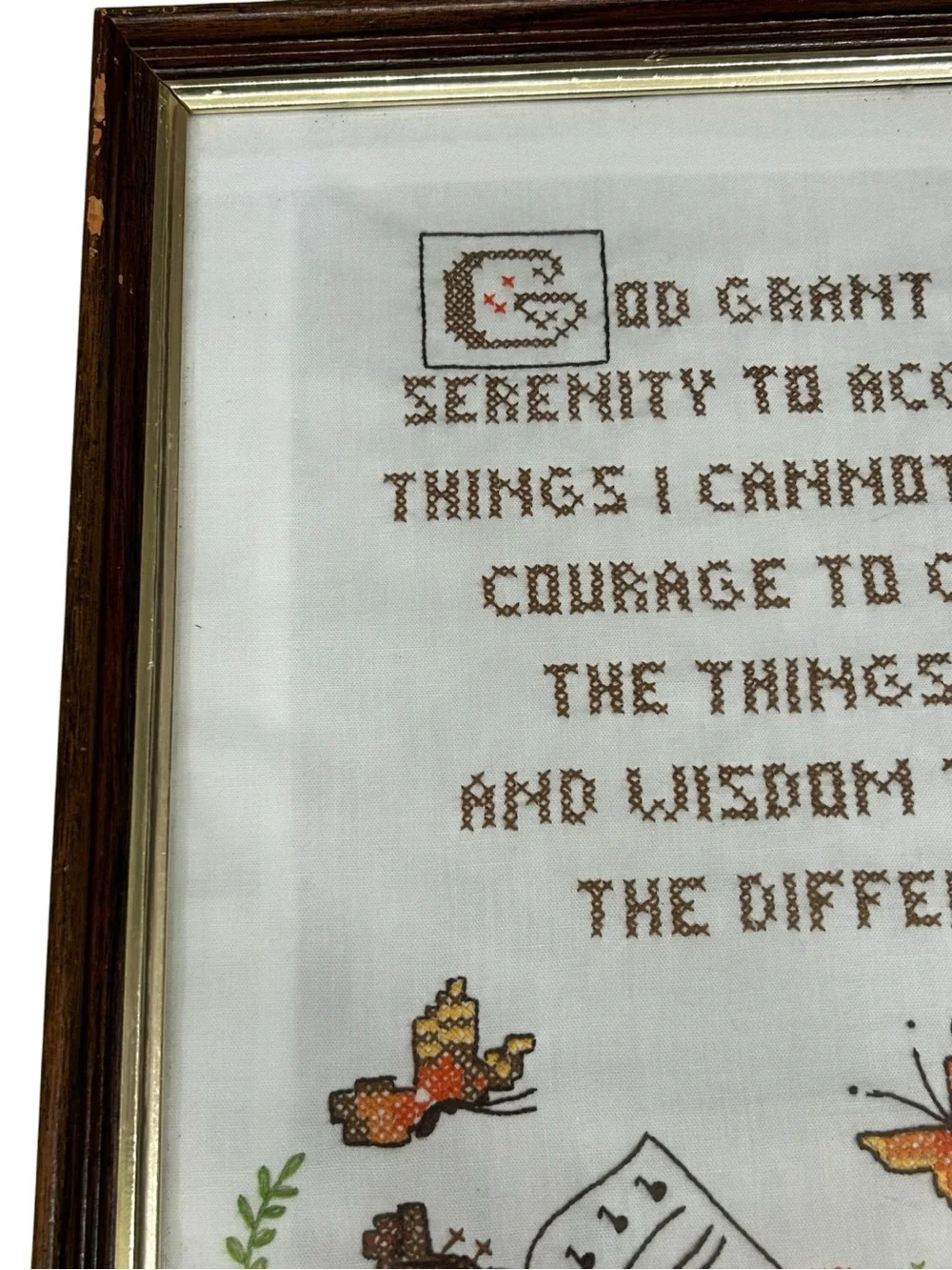Vintage Framed Cross Stitch Serenity Prayer Wall Art, Folk Art